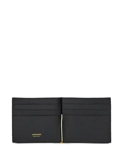 Ferragamo Black Hammered Calfskin Gancini Wallet In Black