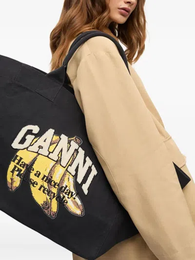 Ganni Women Xxl Banana Print Logo Shopper Bag