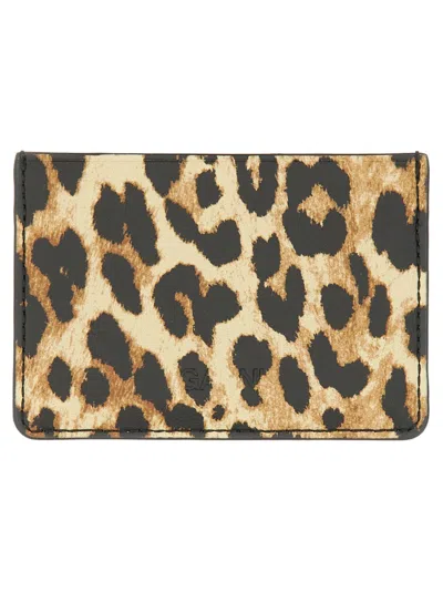 Ganni Women Card Holder With Animal Motif In Brown