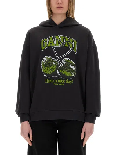 Ganni Women Cherries Organic Cotton Hoodie In Black