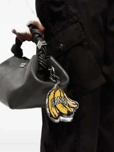 Ganni Multicolor Banana Shaped Keyring With Logo Lettering On The Front In Leather And Tech Fabric Woman In Metallic