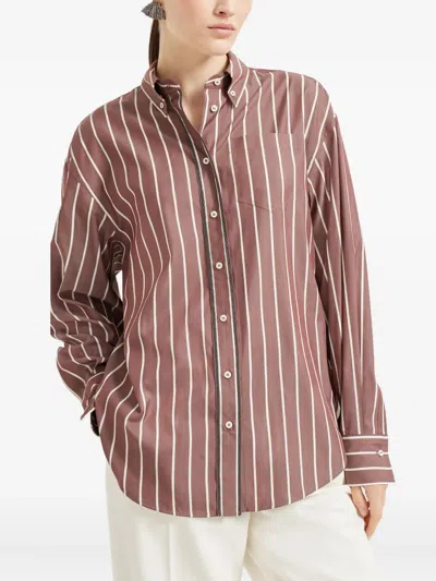 Brunello Cucinelli Striped Cotton-blend Poplin Shirt In Brown