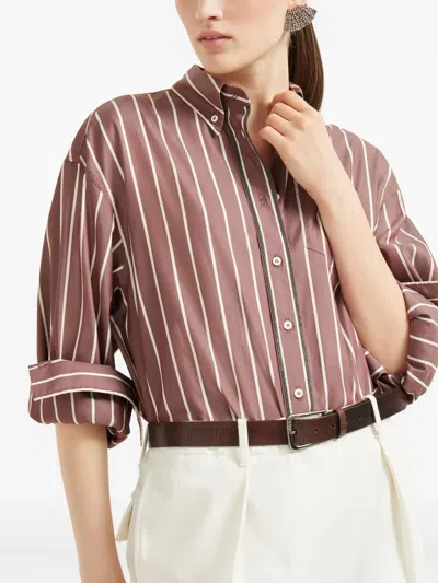 Brunello Cucinelli Striped Cotton-blend Poplin Shirt In Brown