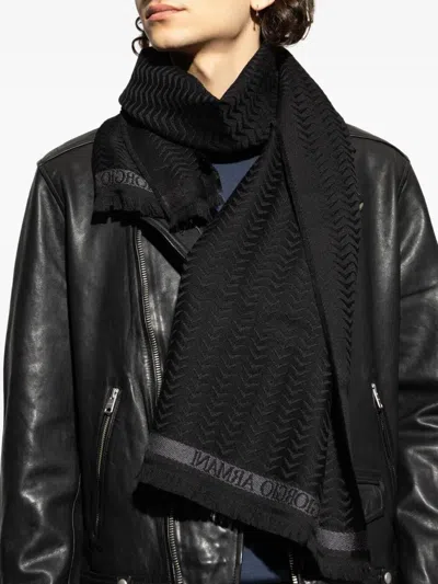 Giorgio Armani Herringbone Motif Black Scarf With Frayed Edges In Black