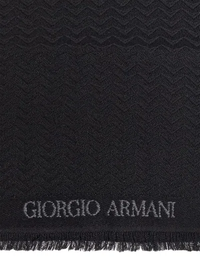 Giorgio Armani Herringbone Motif Black Scarf With Frayed Edges In Black