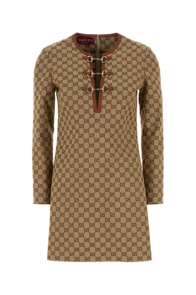 Gucci Beige Crewneck Mini Dress With Horsebit On The Front In Gg Canvas Woman