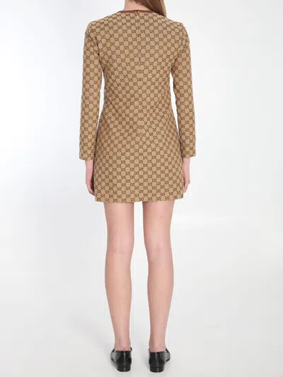 Gucci Beige Crewneck Mini Dress With Horsebit On The Front In Gg Canvas Woman