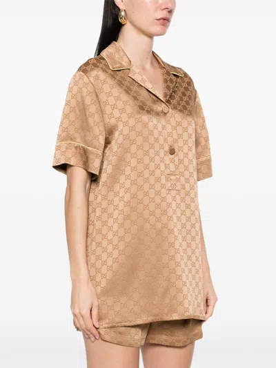 Gucci Satin Shirt With Camp Collar And Notched Lapels In Nude