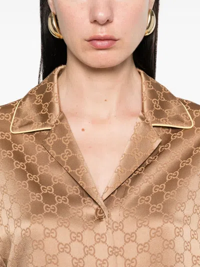 Gucci Satin Shirt With Camp Collar And Notched Lapels In Nude