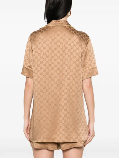 Gucci Satin Shirt With Camp Collar And Notched Lapels In Nude