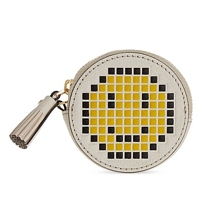 Anya Hindmarch Pixel Smiley Leather Coin Purse, Silver/yellow In Chalk Capra