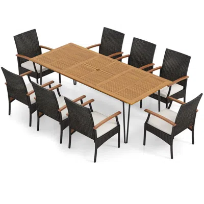 Hivvago Wicker Patio Furniture Set Of 8 Armchairs With Soft Cushions And Acacia Wood Square Table In Multi
