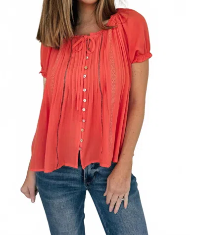 In-loom Lace Inset Trim Button Top In Papaya