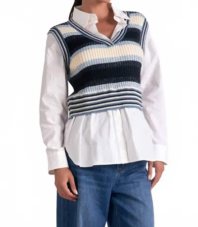 Elan Kaia Sweater Vest Collar Top Set In Blue Multi