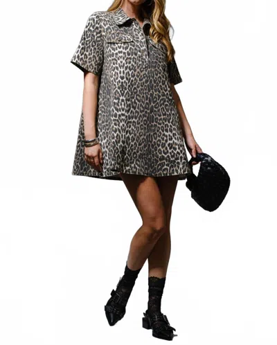 Blue B Button Up Denim Dress In Leopard In Black
