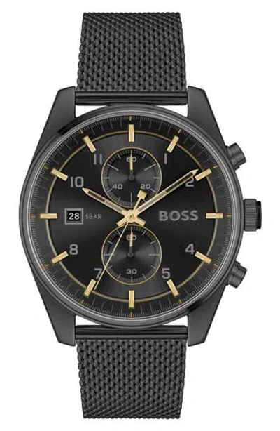 Hugo Boss Men's Skytraveller Quartz Fashion Chrono Ionic Plated Black Steel Watch 44mm
