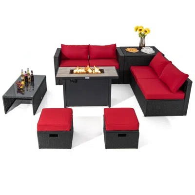 Hivvago 9 Pieces Outdoor Pe Rattan Wicker Sectional Sofa With 42 Inch 60 000 Btu Gas Fire Pit Table In Red