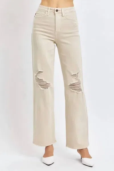Judy Blue Full Size High Waist Distressed Wide Leg Jeans In Beige In Neutral