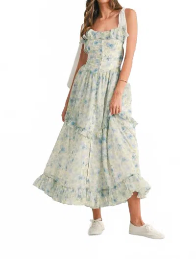 Mable Floral Printed Shoulder Strap Midi Dress In Blue In White