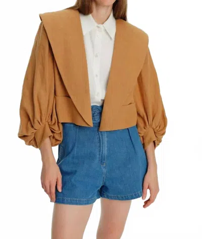 Exquise Linen Jacket With Sleeve And Collar Details In Camel In Brown
