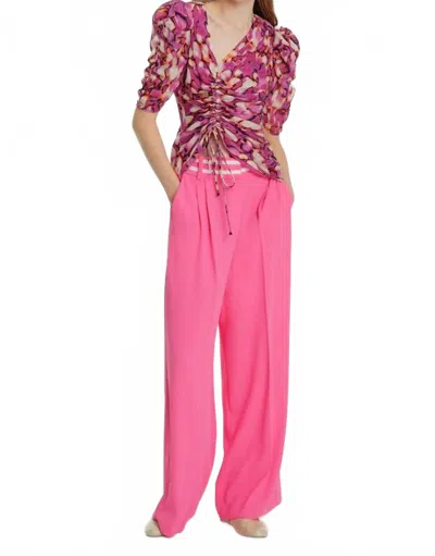 Exquise Sleeve Detailed Pleated Waist Patterned Jacquard Blouse In Original Print In Pink