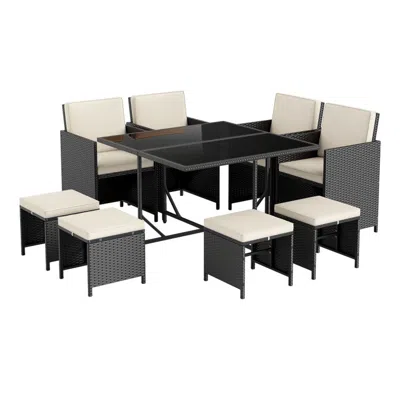 Hivvago 9 Piece Patio Dining Set With Tempered Glass Table And Ottoman In Gray