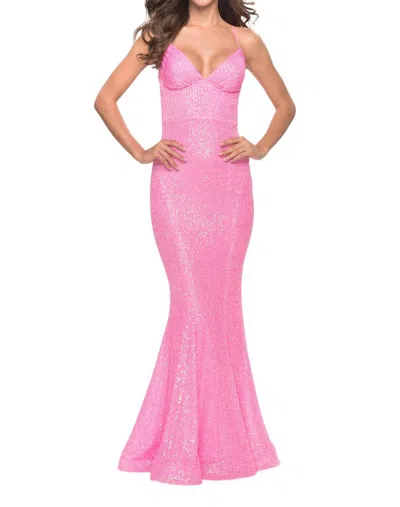 La Femme Fitted Stretch Sequin Dress With Open Back And Defined Cups In Pink