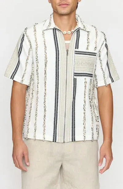 Raga Stripe Embroidered Cotton Short Sleeve Zip-up Shirt