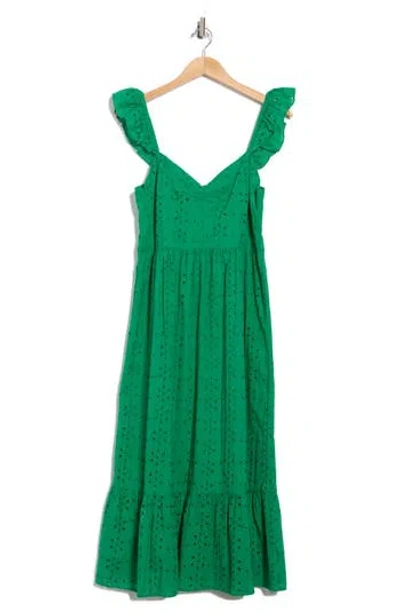 Maisie Embroidered Eyelet Ruffle Strap Cotton Midi Dress