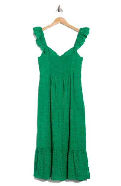 Maisie Embroidered Eyelet Ruffle Strap Cotton Midi Dress