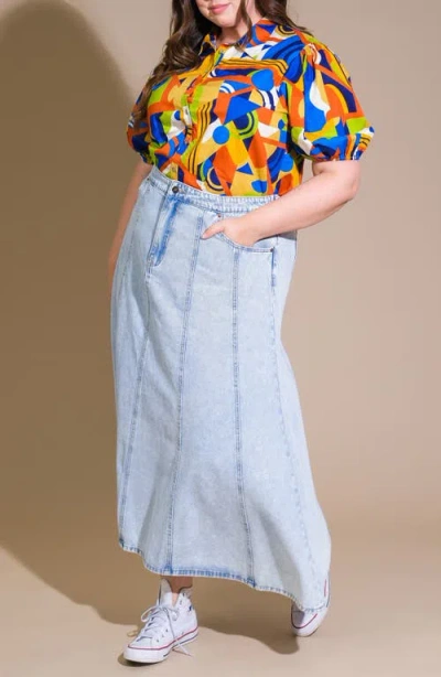 Flying Tomato Geometric Print Puff Sleeve Button-up Shirt