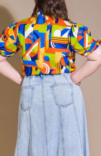 Flying Tomato Geometric Print Puff Sleeve Button-up Shirt