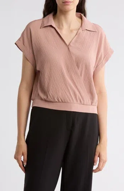 Pleione Short Sleeve Faux Wrap Textured Satin Top