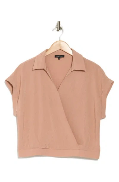 Pleione Short Sleeve Faux Wrap Textured Satin Top