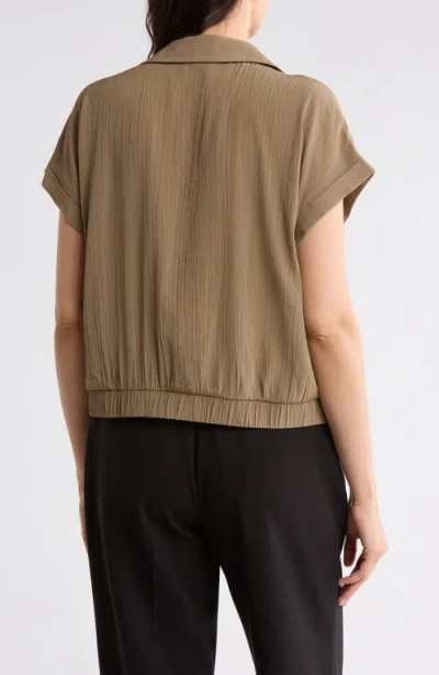 Pleione Short Sleeve Faux Wrap Textured Satin Top