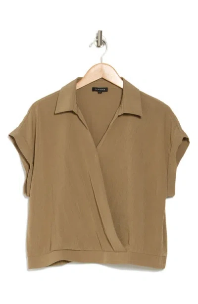 Pleione Short Sleeve Faux Wrap Textured Satin Top