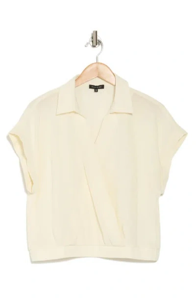 Pleione Short Sleeve Faux Wrap Textured Satin Top