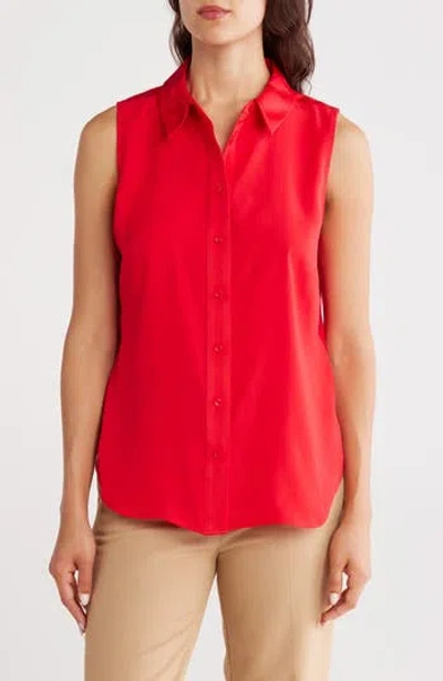 Dkny Sleeveless Satin Button-up Shirt In Red