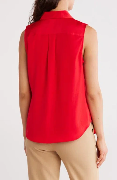 Dkny Sleeveless Satin Button-up Shirt In Red