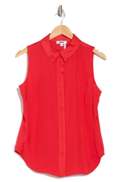 Dkny Sleeveless Satin Button-up Shirt In Red