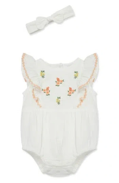 Little Me Baby Girls 2-pc. Gauze Embroidered Flowers Bubble Romper & Headband Set In White