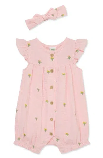 Little Me Floral Romper & Headband Set In Pink
