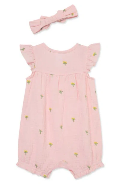 Little Me Floral Romper & Headband Set In Pink