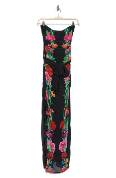 Afrm Ira Strapless Ruched Mesh Maxi Dress In Multi