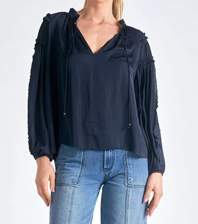 Elan Ruched Detail V-neck Blouse In Navy In Blue