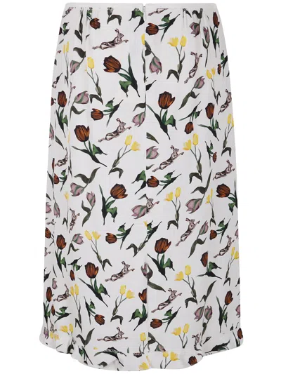 Marni Cream Envers Satin Midi Skirt With Tulips And Hares Print In White