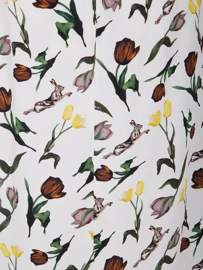 Marni Cream Envers Satin Midi Skirt With Tulips And Hares Print In White