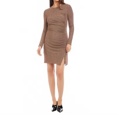 Karen Kane Long Sleeve Shirred Metallic Dress In Copper In Brown