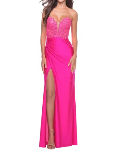 La Femme Lovely Strapless Sweetheart Neckline Prom Dress In Neon Pink In Pink