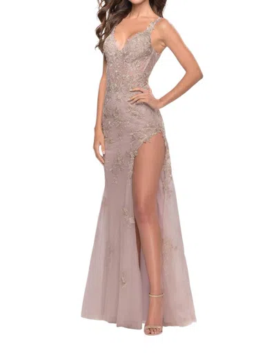 La Femme Lace Long Dress With High Side Slit And V-neckline In Neutral
